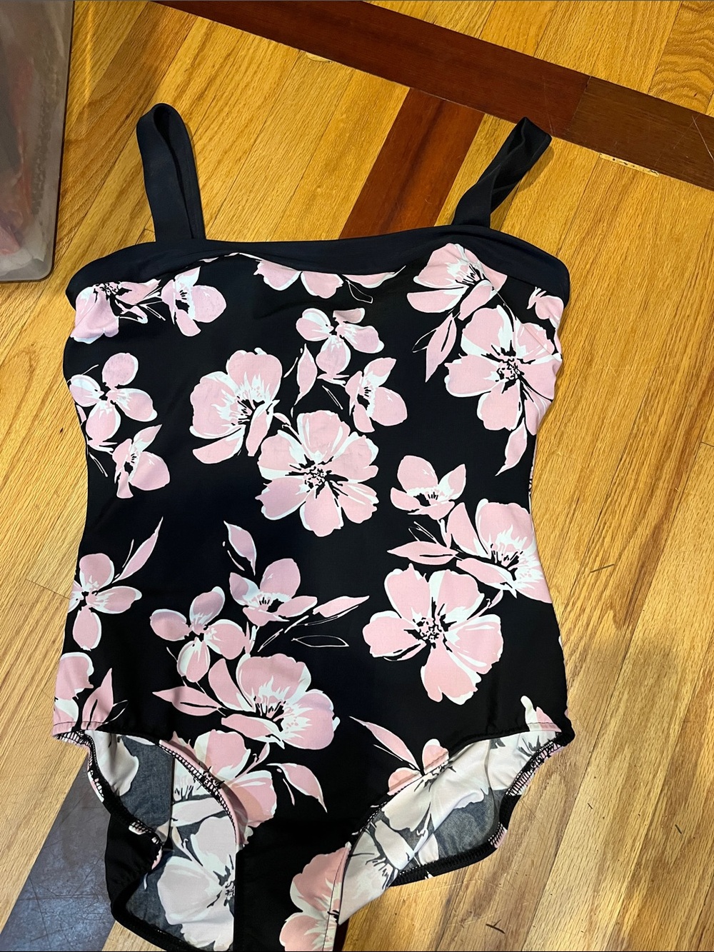 Black One-Piece Swimsuit with Pink Floral Print
